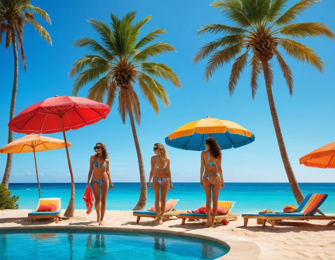 A stylish summer scene showcasing a diverse group of friends transitioning from a sandy beach to a luxurious poolside, wearing the latest swimwear trends. Include vibrant beach umbrellas, colorful towels, and oversized sunglasses, capturing the essence of summer fun and adventure. The background should feature crystal-clear water and a bright blue sky, with palm trees swaying gently in the breeze. The image should reflect excitement and leisure. vibrant colors. super-realistic.
