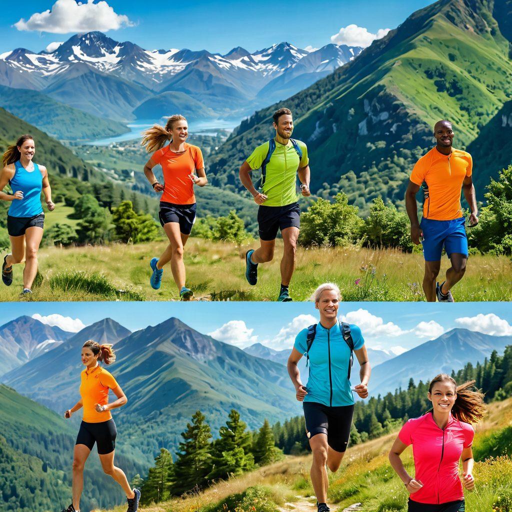 A dynamic scene of diverse individuals engaging in various outdoor sports like hiking, cycling, and running, all wearing colorful and stylish lightweight apparel. The background features lush green mountains and a bright blue sky. Emphasize comfort and versatility in clothing design with smiles on the athletes' faces, showcasing versatility for every outdoor activity. super-realistic. vibrant colors. sunny atmosphere.