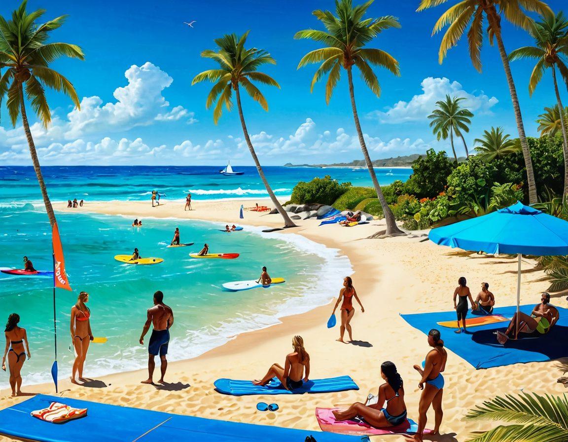 A vibrant beach scene showcasing diverse individuals in stylish swimwear, engaging in various activities like beach volleyball, paddleboarding, and surfing. The setting includes palm trees and sunbathers, with bright blue skies and crystal-clear water. Add elements that suggest an active lifestyle, such as sports gear and towels. The colors should be bold and summer-inspired. super-realistic. vibrant colors. beach setting.
